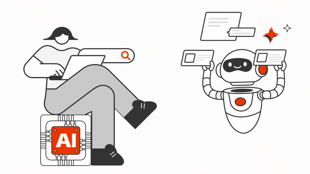 Illustration showing a person using a laptop and searching online while sitting on a large AI-powered computer chip. On the right, a friendly robot presents information cards, symbolizing AI-generated answers, search assistance, and automated content delivery. The image represents the interaction between human search behavior and artificial intelligence in modern search experiences.